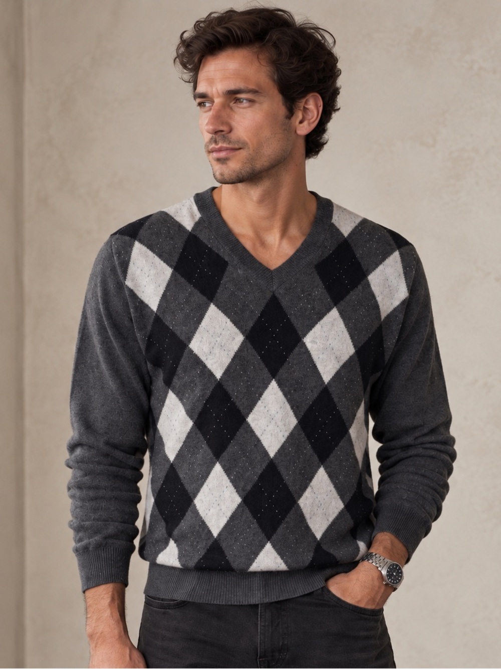 Tasso Elba Men's 100% Cashmere Argyle V Neck Sweater Gray XL